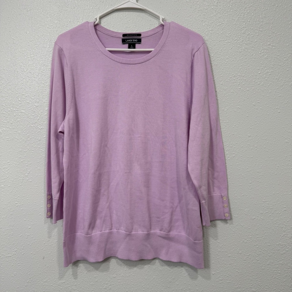 Lands End Womens L 14-16 Purple 100% Supima Cotton 3/4 Sleeve Button Sweater